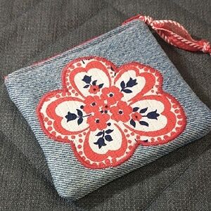 Denim Floral Zip Pouch - Blue and Coral